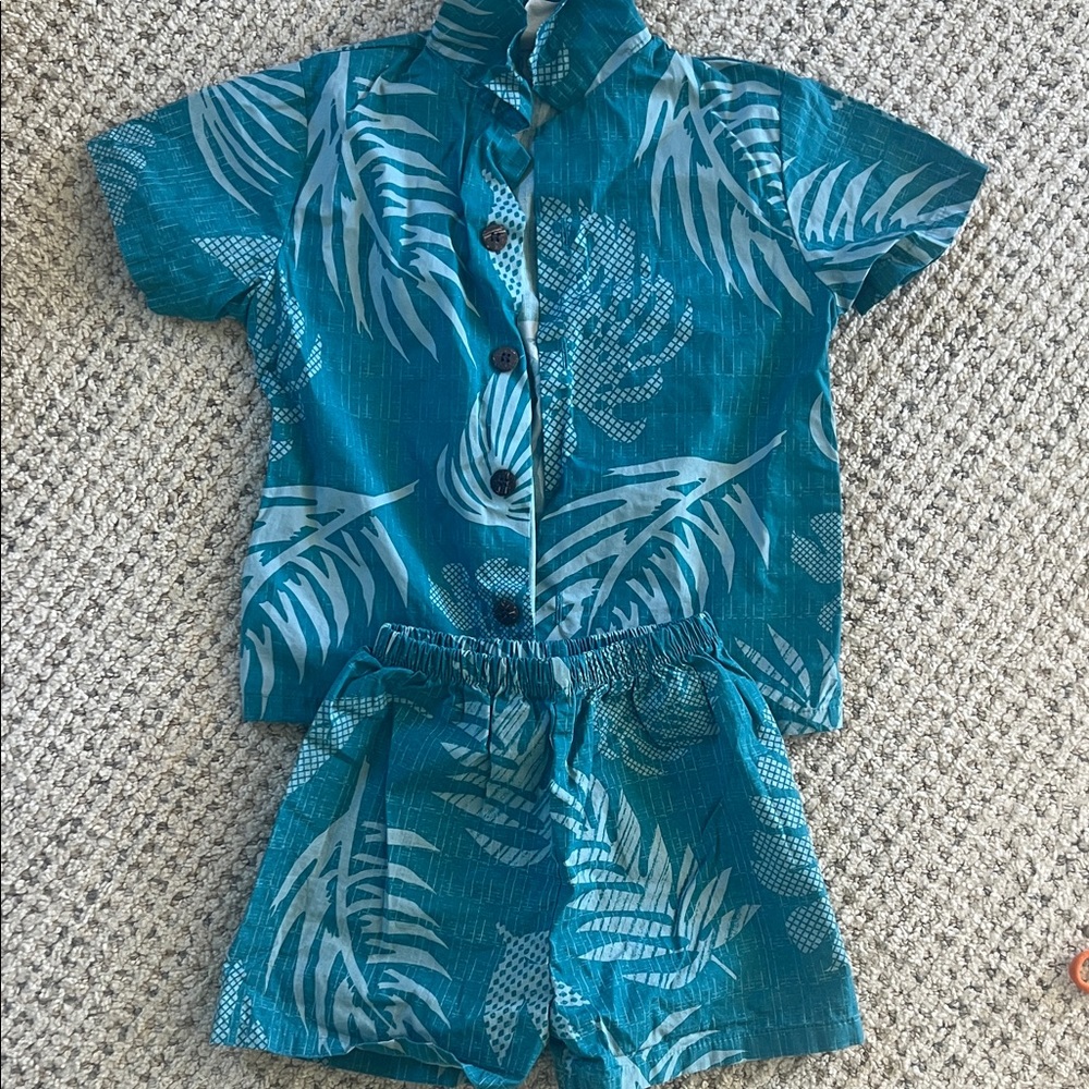 Tropical Blue Leaf aloha Print Shirt and Shorts Set boys size 6